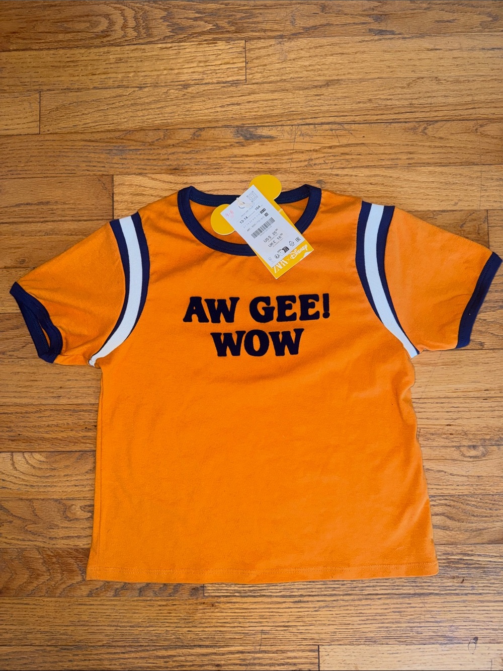 Zara Orange Disney Tee with Navy 'AW GEE! WOW' Graphic